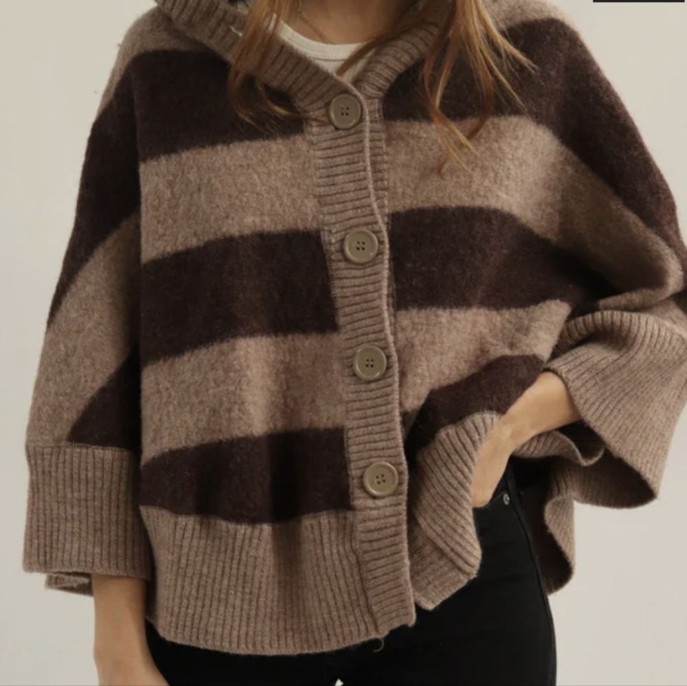 Marina Luna Brown and Taupe Striped Button-Up Cardigan